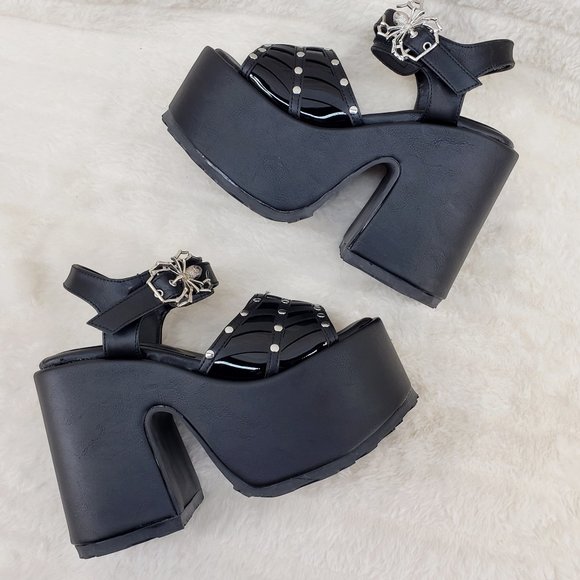 Camel Black Platform Sandals Cut out Web Toe Strap Goth Punk - Picture 8 of 14